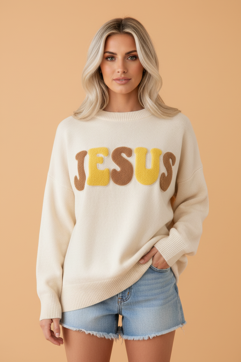 Jesus Textured Letter Print Long Sleeve Sweater