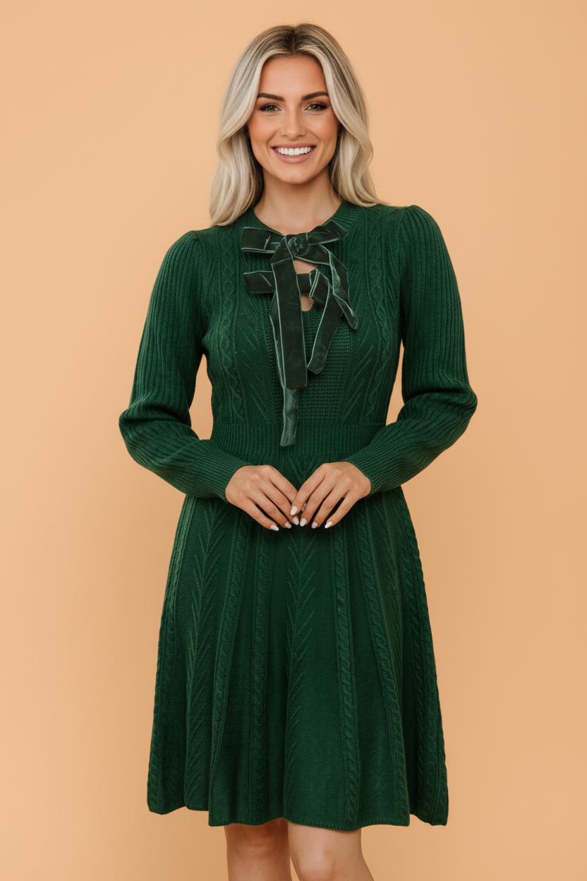 Solid Bow Tie Cable Knit Mini Sweater Dress