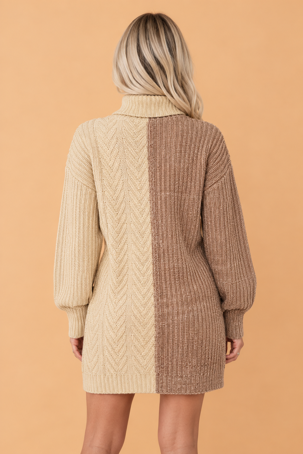 Colorblock Cable Knit Turtleneck Sweater Mini Dress