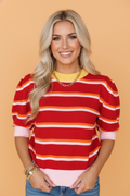 Striped sweater top with colorblock trim and feminine half puff sleeves