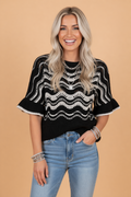 Wavy Stripe Ruffle Sleeve Crochet Sweater in Cream and Mauve - Image 3