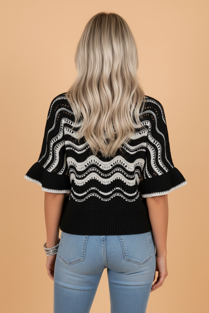 Wavy Stripe Ruffle Sleeve Crochet Sweater in Cream and Mauve - Image 4
