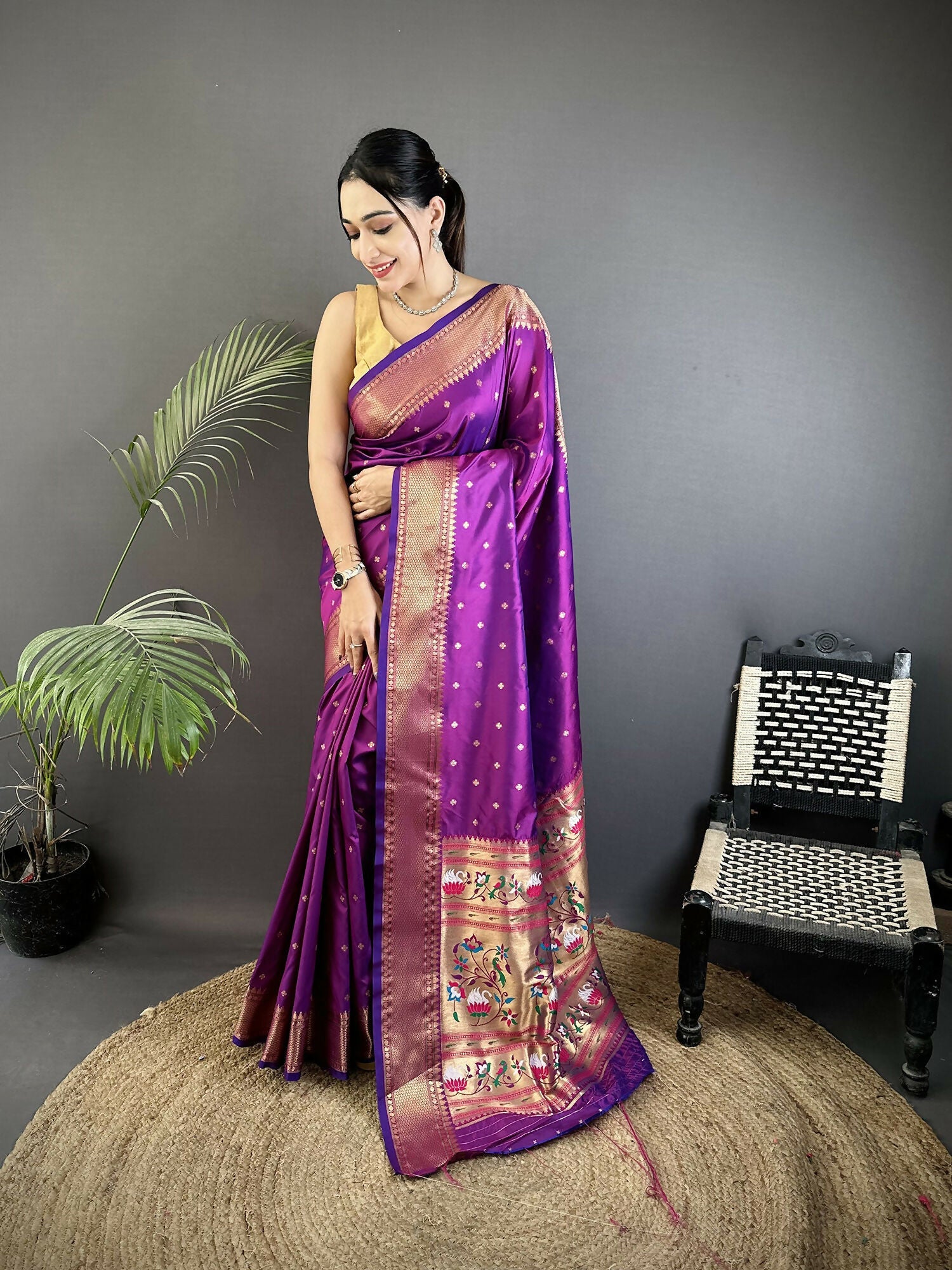 Elegant purple Lichi Silk Paithani saree with woven buttis and matching blouse