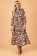 Leopard Long Sleeve Button Front Midi Dress
