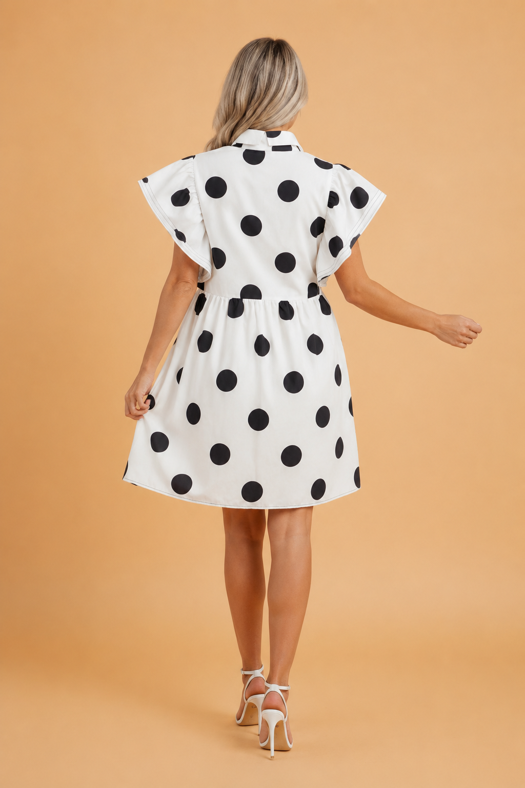 Polka Dot Half Button Ruffle Sleeve Mini Dress - Modern Preppy