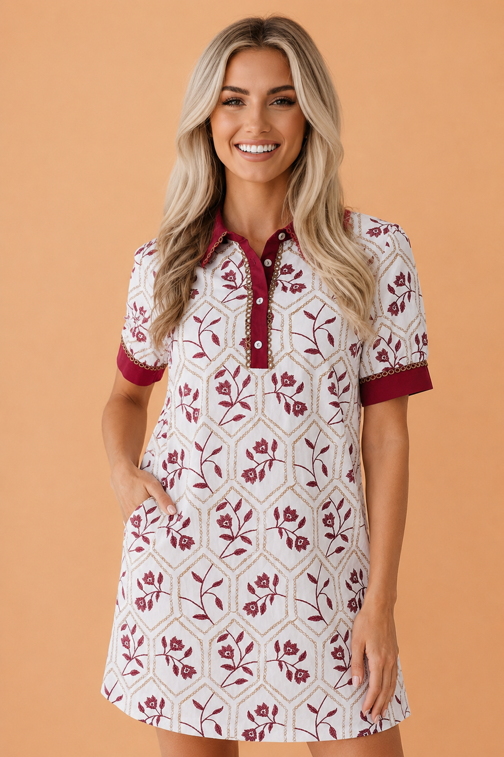 Woman wearing a white and maroon floral geometric print mini dress with collared neckline and lace trim details.