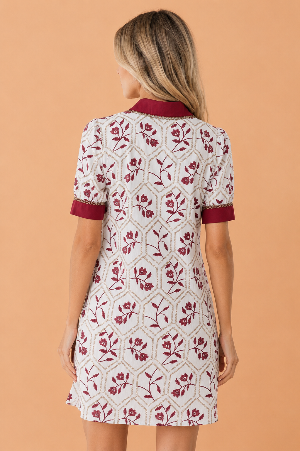 Floral Geometric Lace Trim Collared Mini Dress in White and Maroon
