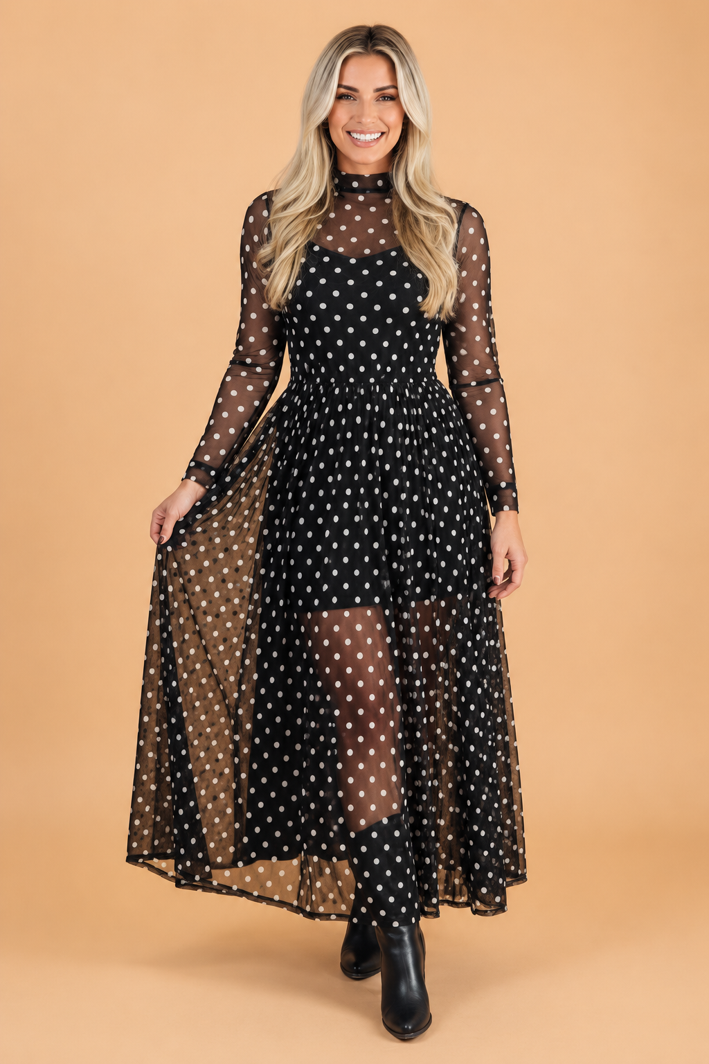 Polka Dot Mesh Mock Neck Long Sleeve Maxi Dress