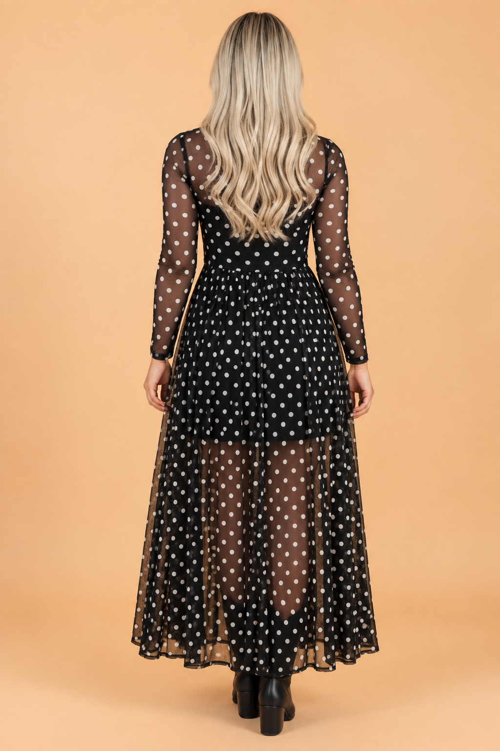Polka Dot Mesh Mock Neck Long Sleeve Maxi Dress