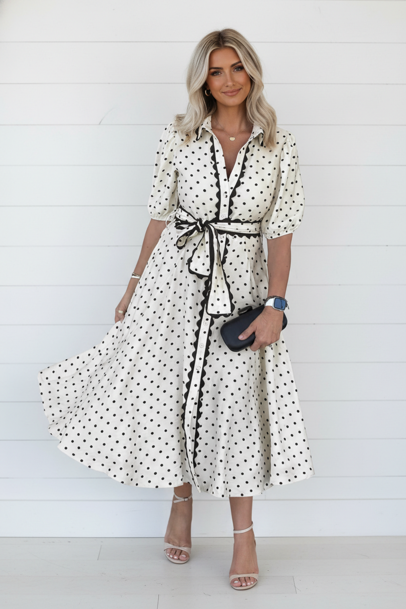 White Polka Dot Midi Dress with Scallop Trim