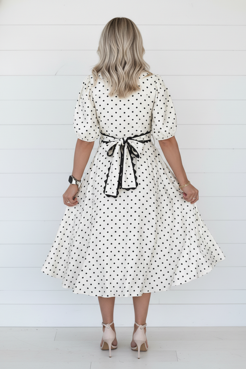 White Polka Dot Midi Dress with Scallop Trim