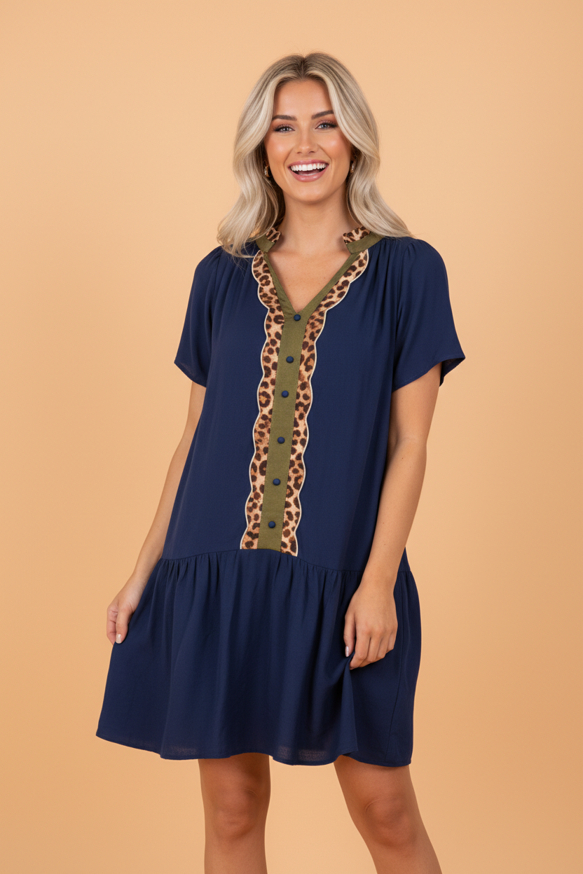 Leopard Metallic Trim Button Short Sleeve Tunic