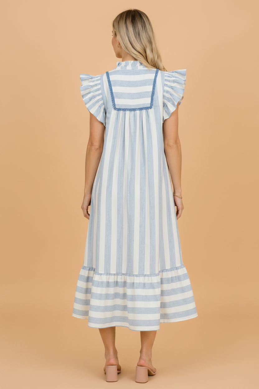 Stripe Lace Trim V-Neck Midi Dress with Ruffle Detail