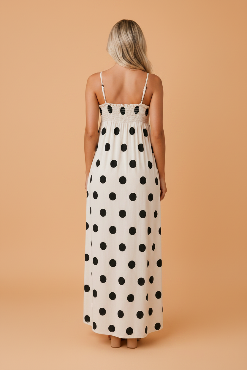 Polka Dot Spaghetti Strap Maxi Dress in Beige and Black