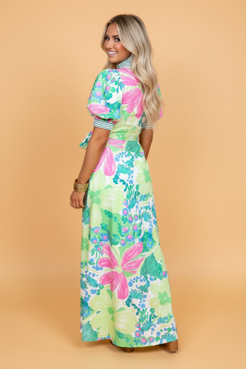 Floral Stripe Trim Button Down Vacation Dress