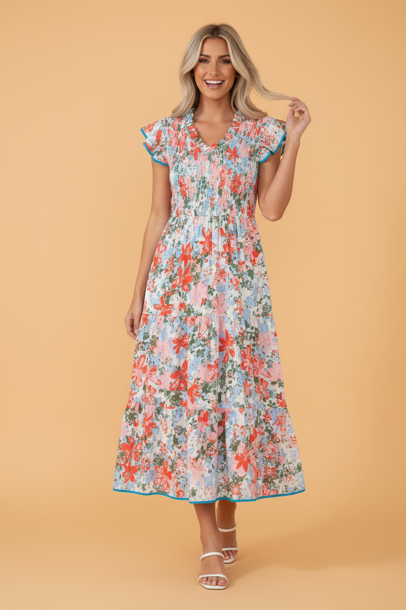 Floral print maxi dress with a smocked bodice and flutter sleeves in a sunny outdoor setting.