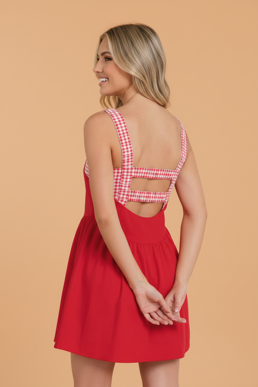 Gingham Patchwork Mini Dress with Cutout Neckline