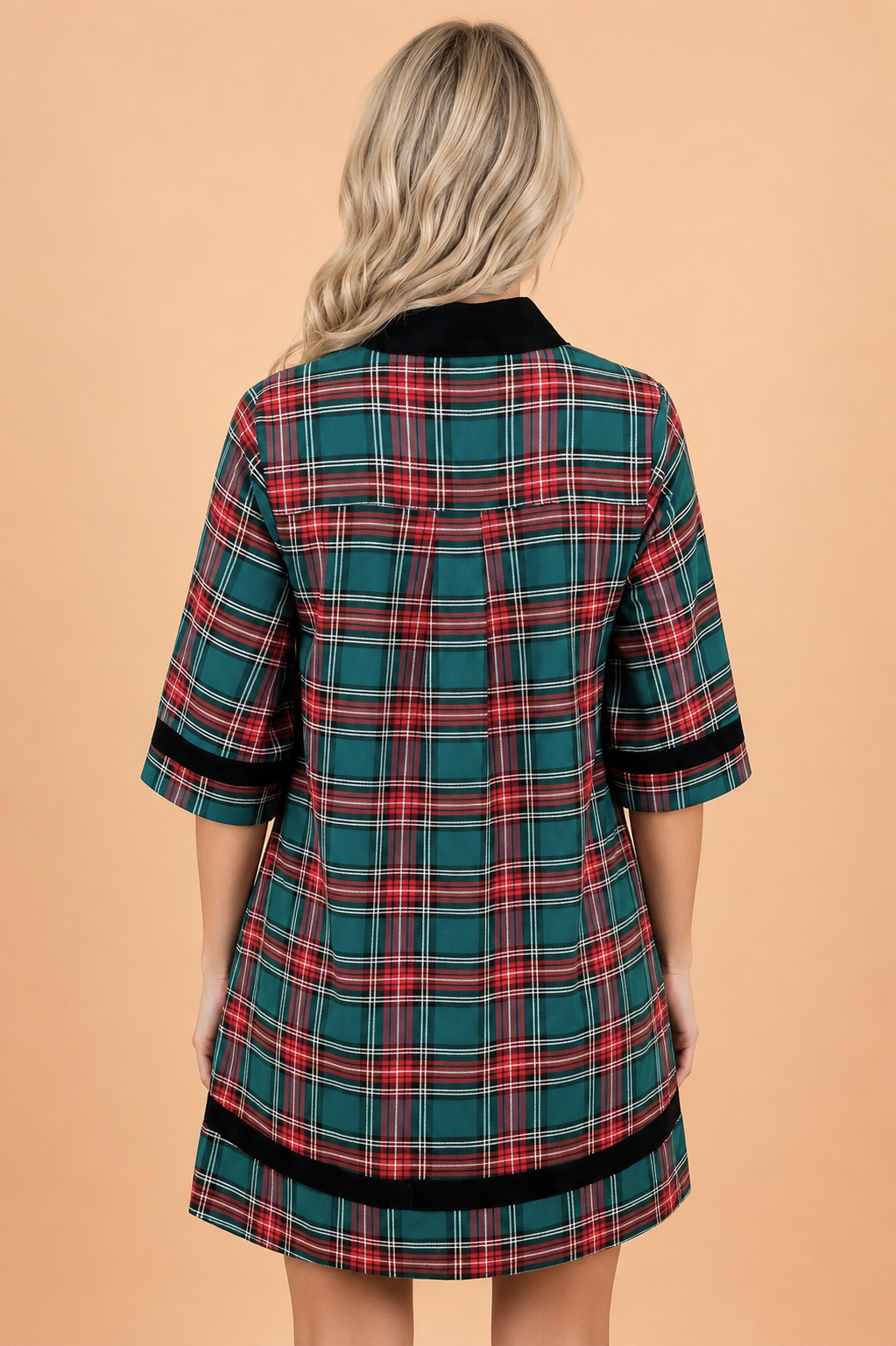 Plaid Velvet Contrast Trim 3/4 Sleeve Mini Dress