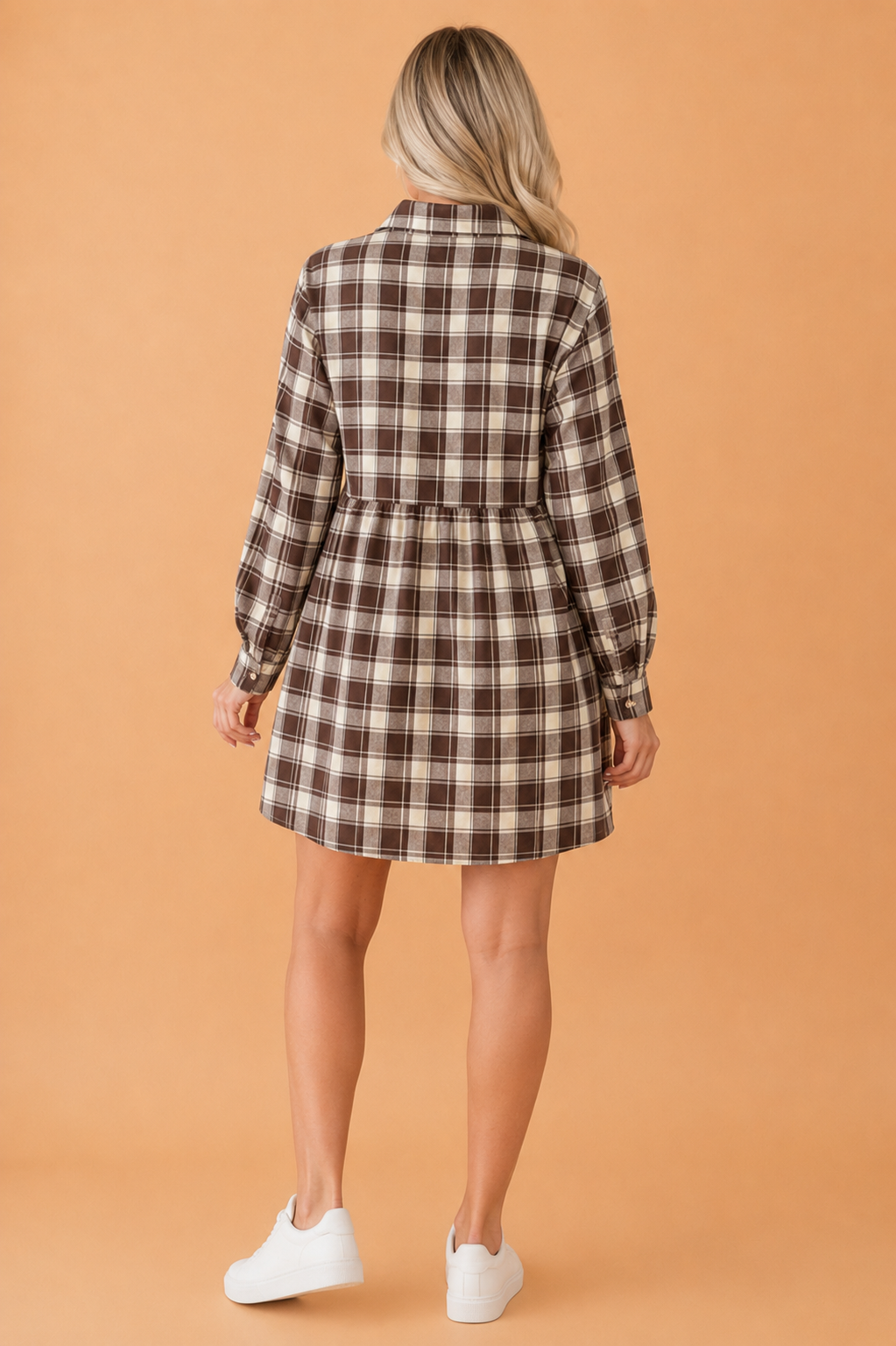 Plaid Buttoned Collar Long Sleeve Mini Dress