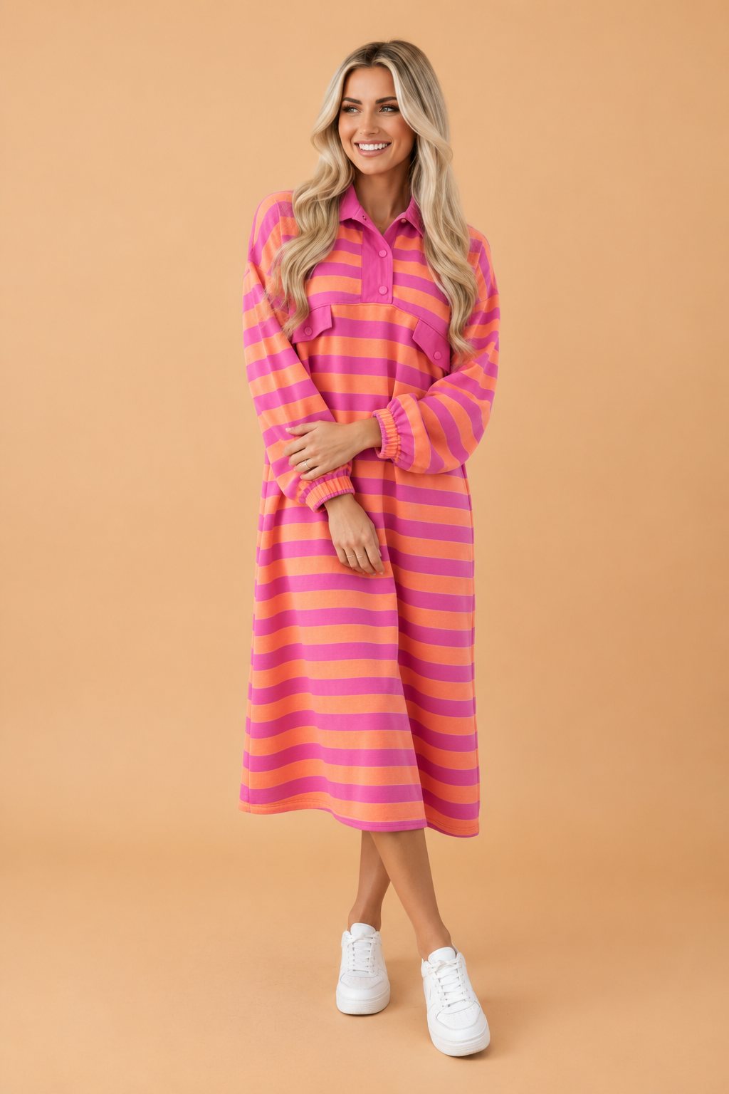 Stripe Polo Collar Long Sleeve Midi Dress