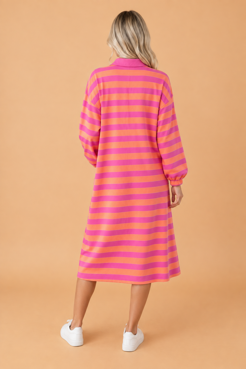 Stripe Polo Collar Long Sleeve Midi Dress