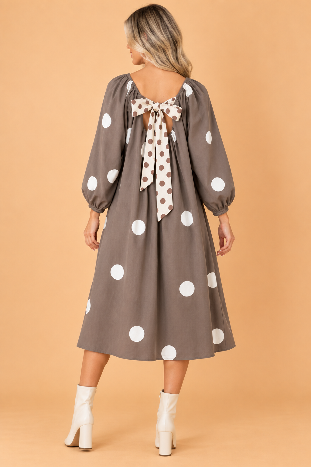 Polka Dot Bow Tie Back Long Sleeve Midi Dress