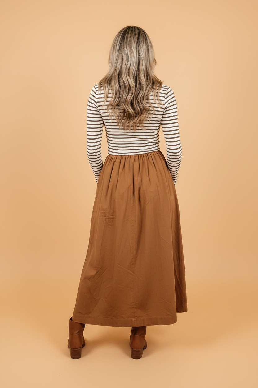 Stripe Ribbed Knit Patchwork Flared Maxi Dress