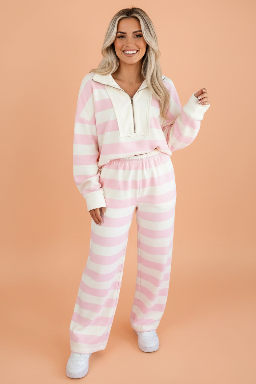 Stripe Patchwork Half Zip Top & Pants Set