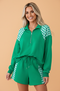 Gingham Patchwork Half-Zip Pullover & Shorts Set