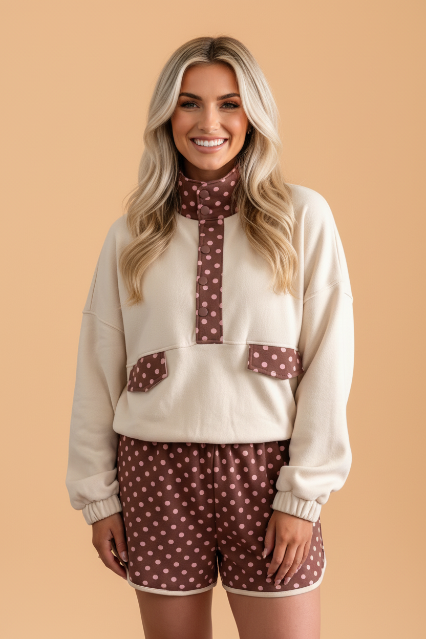 Polka Dot Patchwork Pullover & Shorts Set