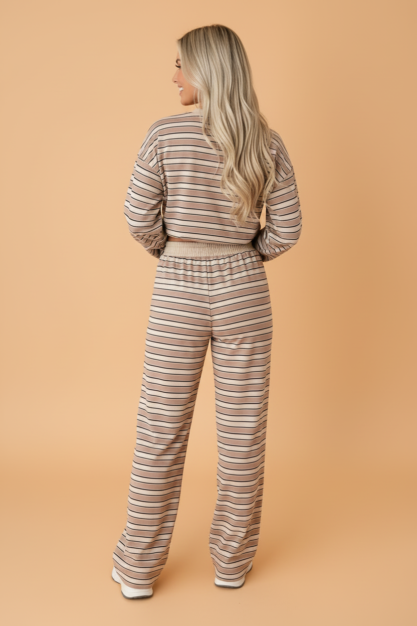 Stripe Contrast Trim Top & Wide Leg Pants Set