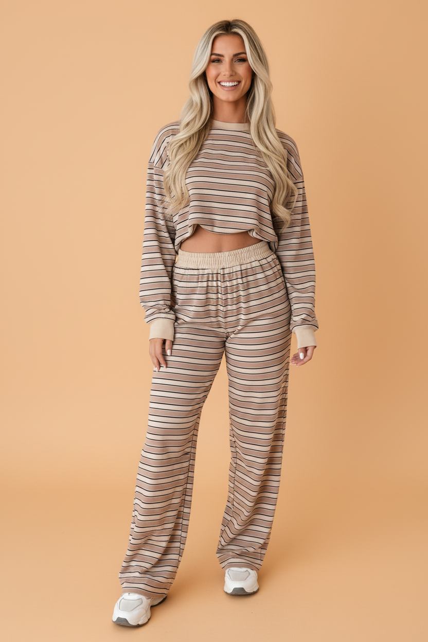 Stripe Contrast Trim Top & Wide Leg Pants Set