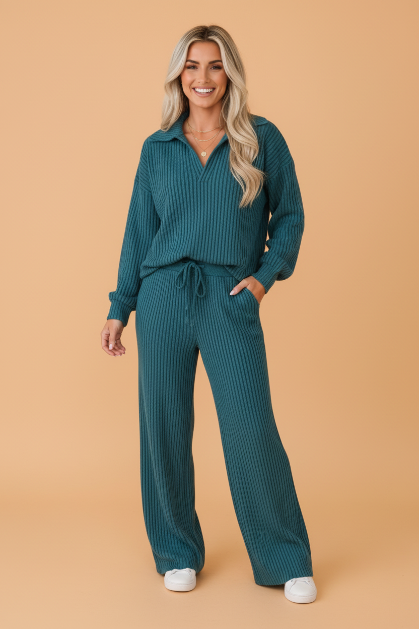 Solid Ribbed Knit Collared V-Neck Pullover & Pants Set