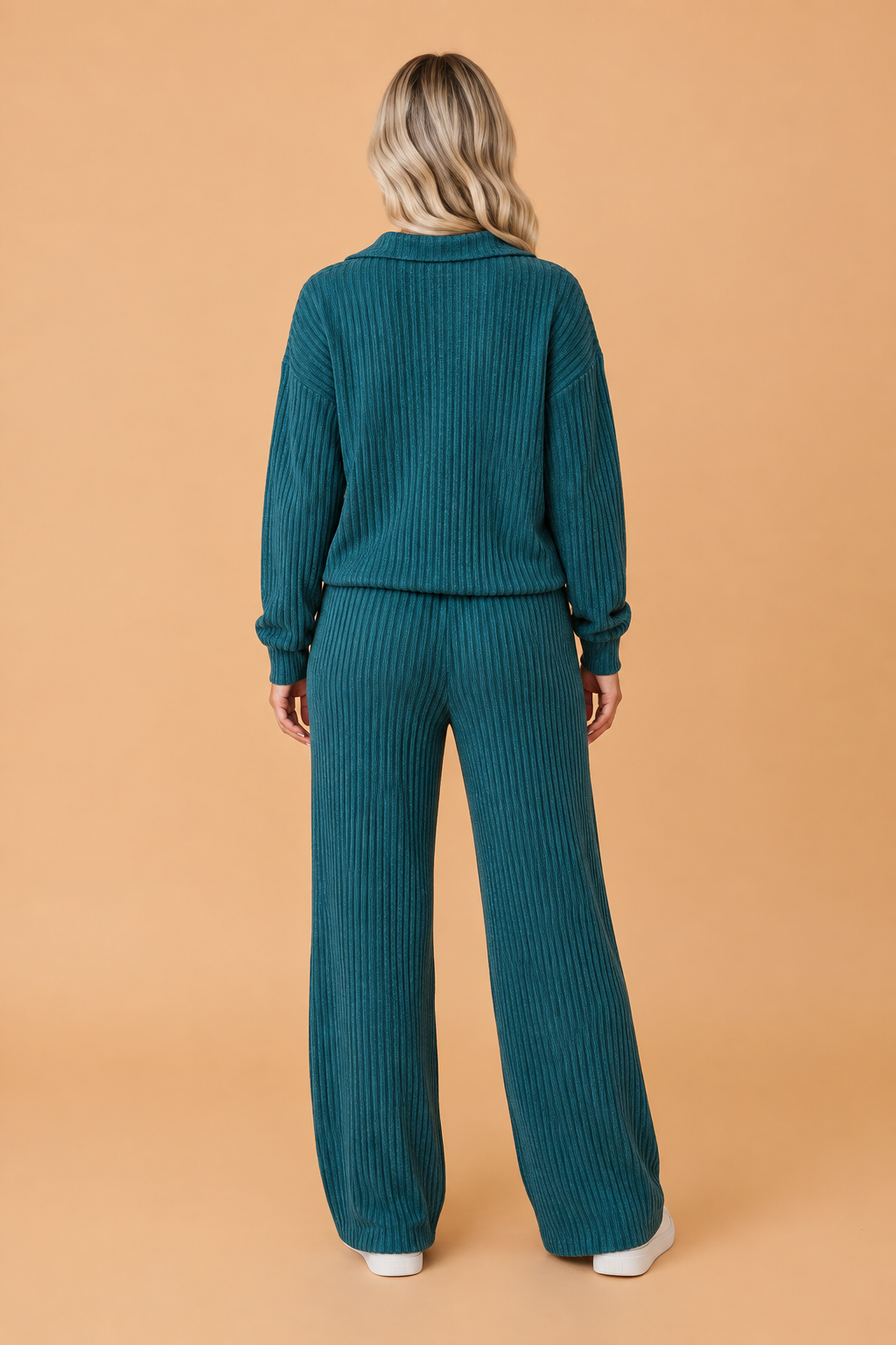 Solid Ribbed Knit Collared V-Neck Pullover & Pants Set