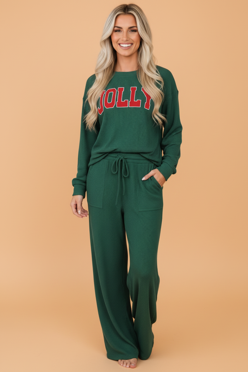 Christmas Letter Print Corded Knit Top & Pants Set