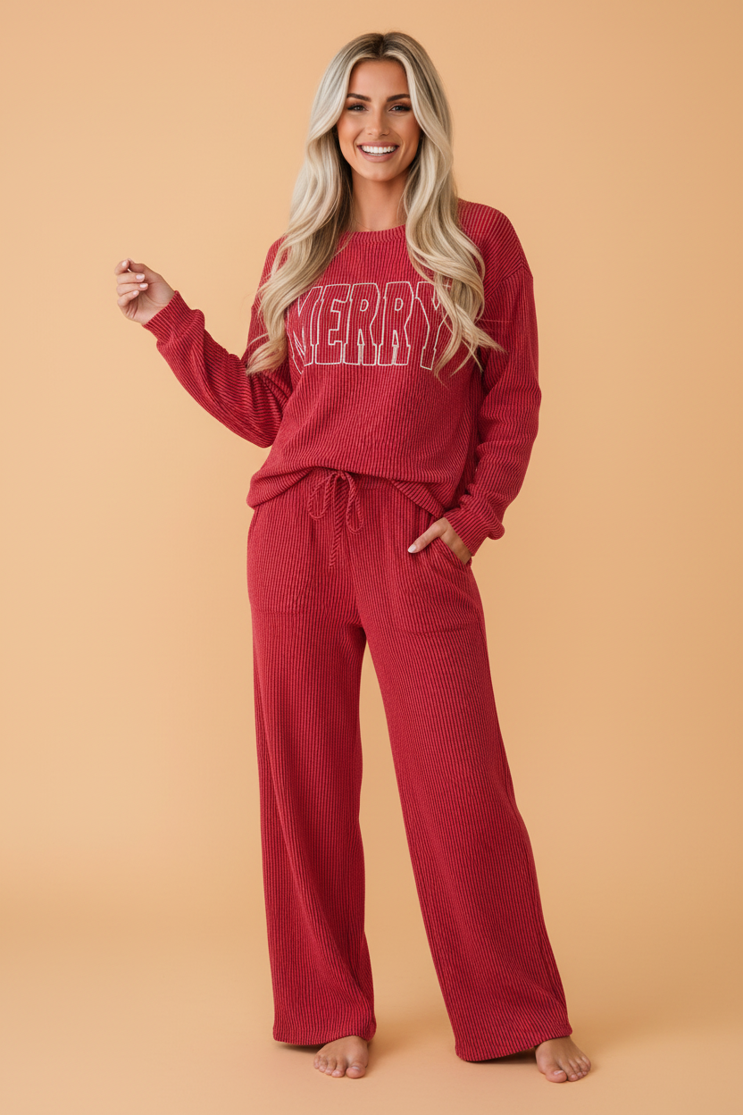 Christmas Letter Print Corded Knit Top & Pants Set
