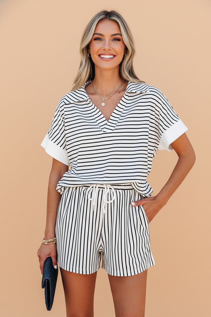 Pretty Bash minimalist women's monochrome striped V-neck tee and matching high-rise shorts loungewear set