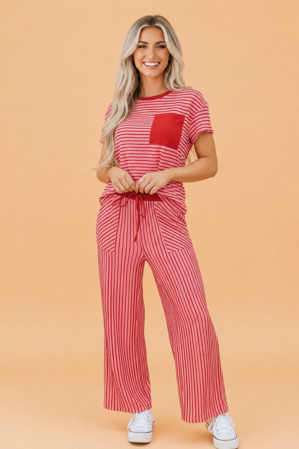 Women's Striped Crew Neck Tee and Drawstring Pants Loungewear Set