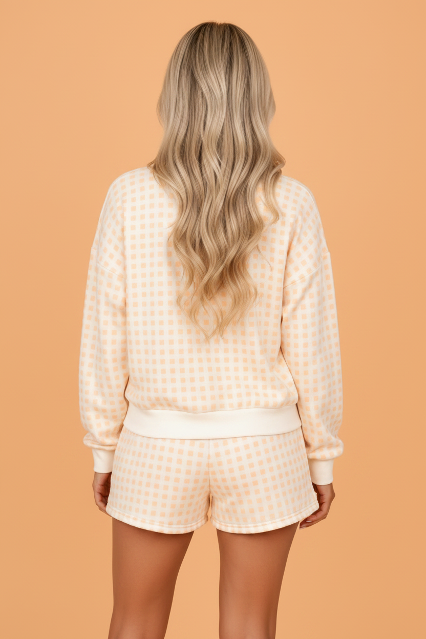 Women's Gingham Plaid Baggy Pullover and Drawstring Shorts Set