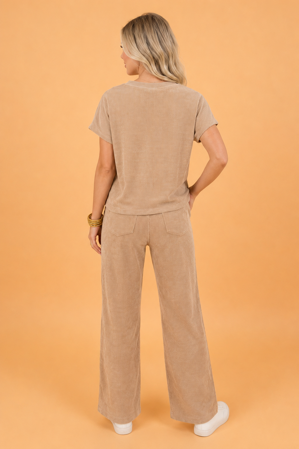 Ribbed Short Sleeve Top & Wide Leg Pants Set in Beige & Tan