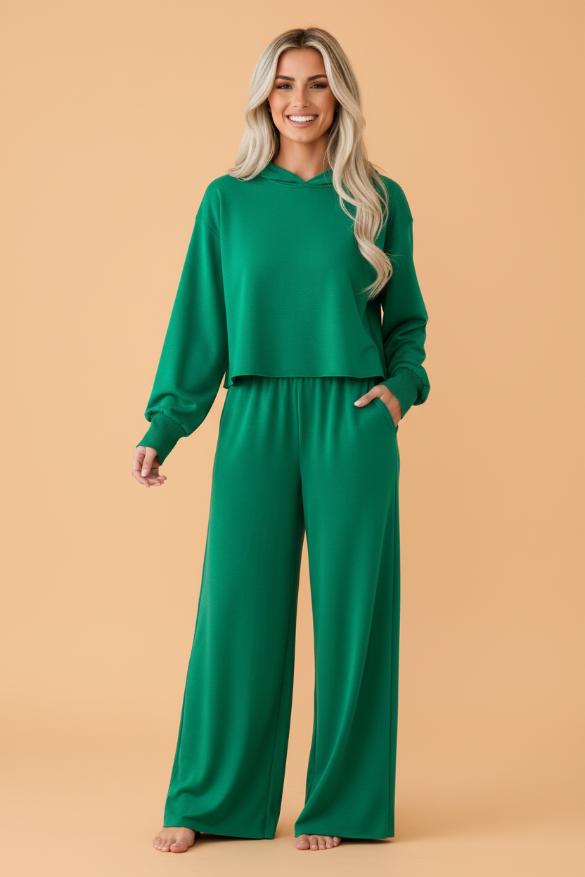 Solid Raw Hem Hoodie & Elastic Waist Pants Set