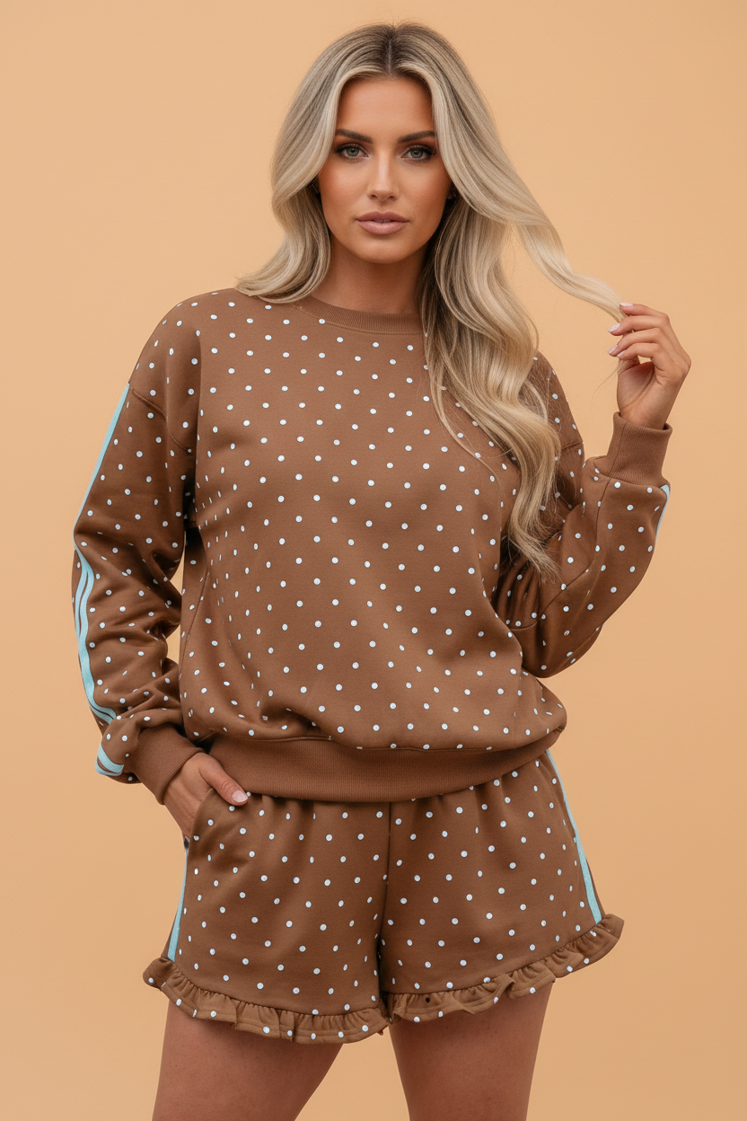 Polka Dot Side Stripe Sweatshirt & Ruffle Shorts Set