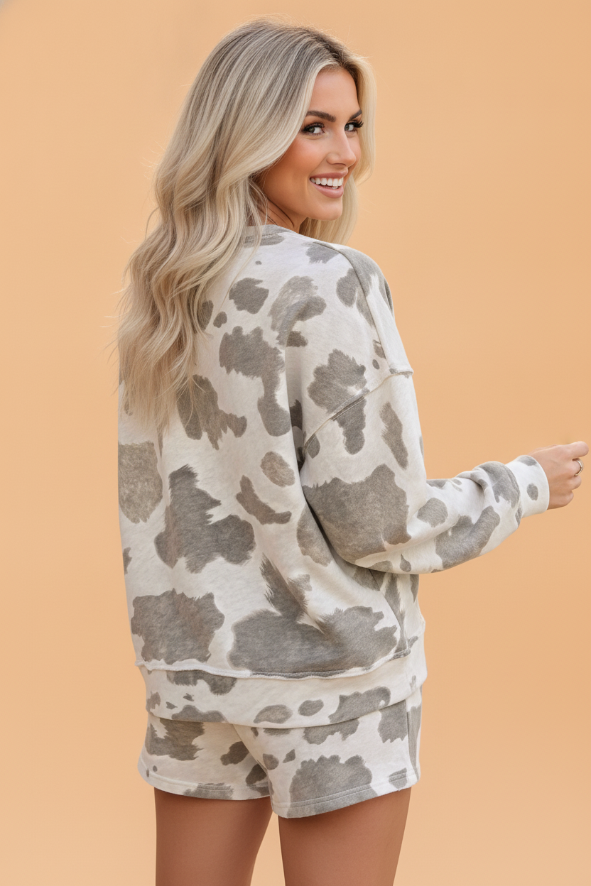 Western Cow Raw Hem Long Sleeve Top & Shorts Set