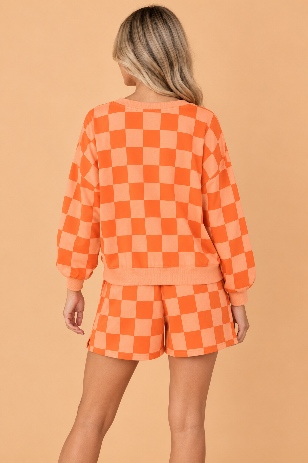 Checker Long Sleeve Crop Top & Shorts Set