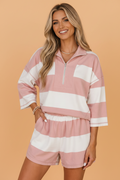Stripe Half Zip 3/4 Sleeve Top & Shorts Set