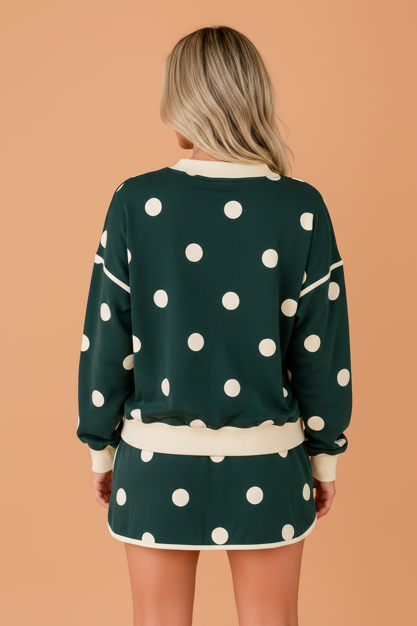 Polka Dot Colorblock Trim Sweatshirt & Skirt Set
