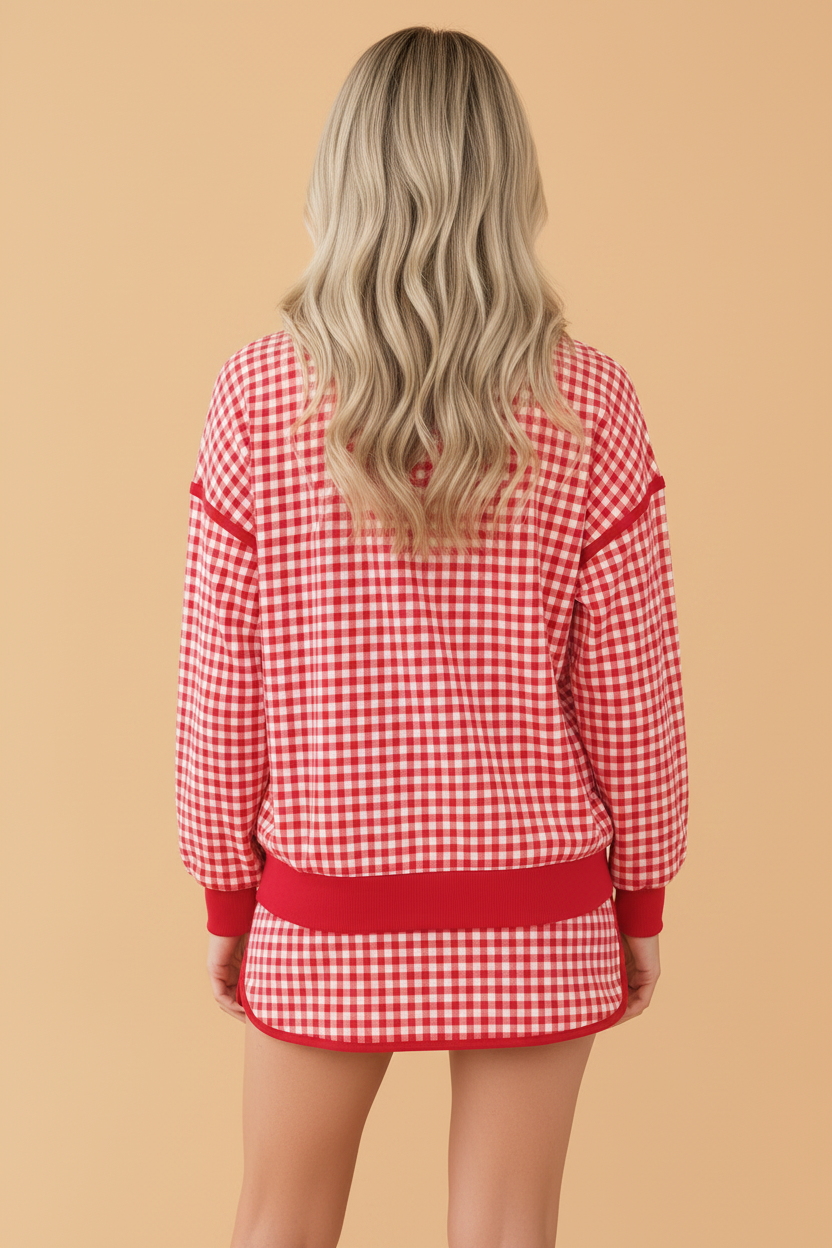 Gingham Oversized Ribbed Trim Top & Skort Set