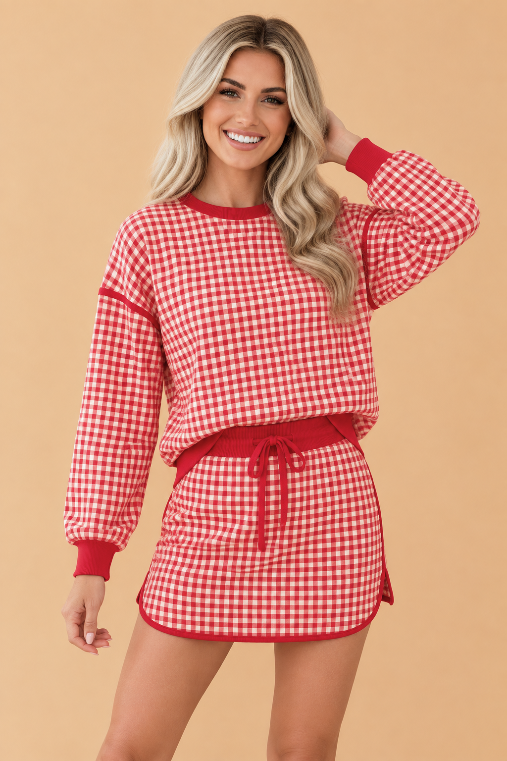 Gingham Oversized Ribbed Trim Top & Skort Set