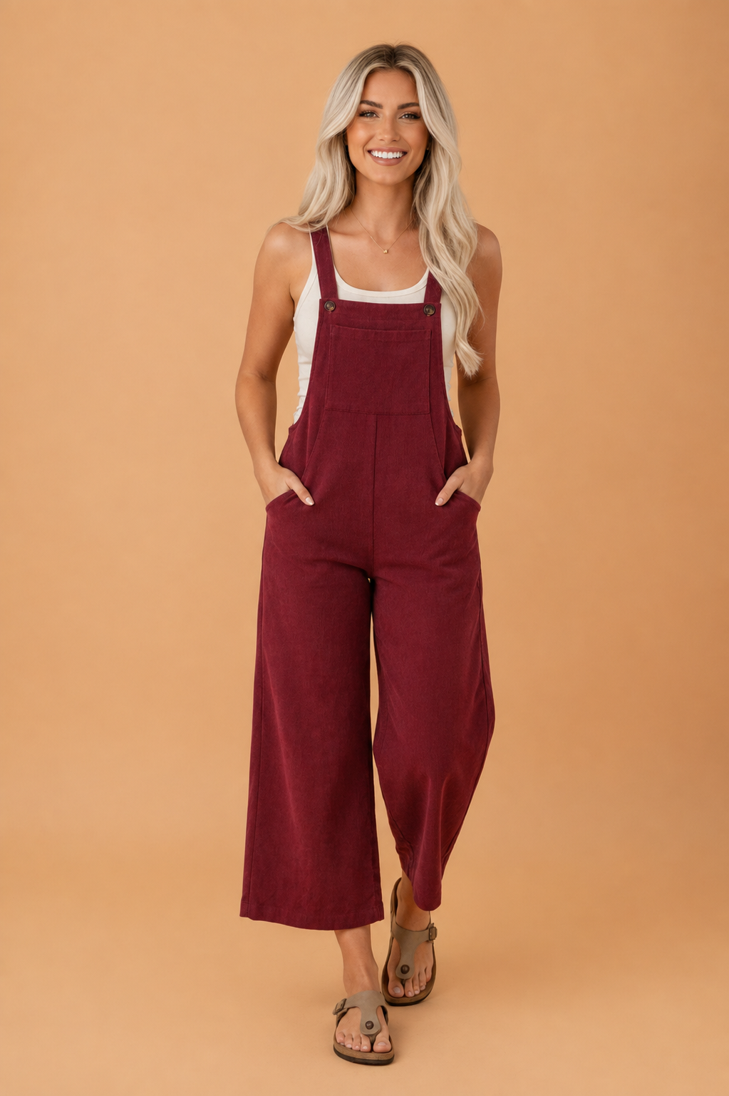 Solid Corduroy Front Bib Pocket Wide Leg Overalls