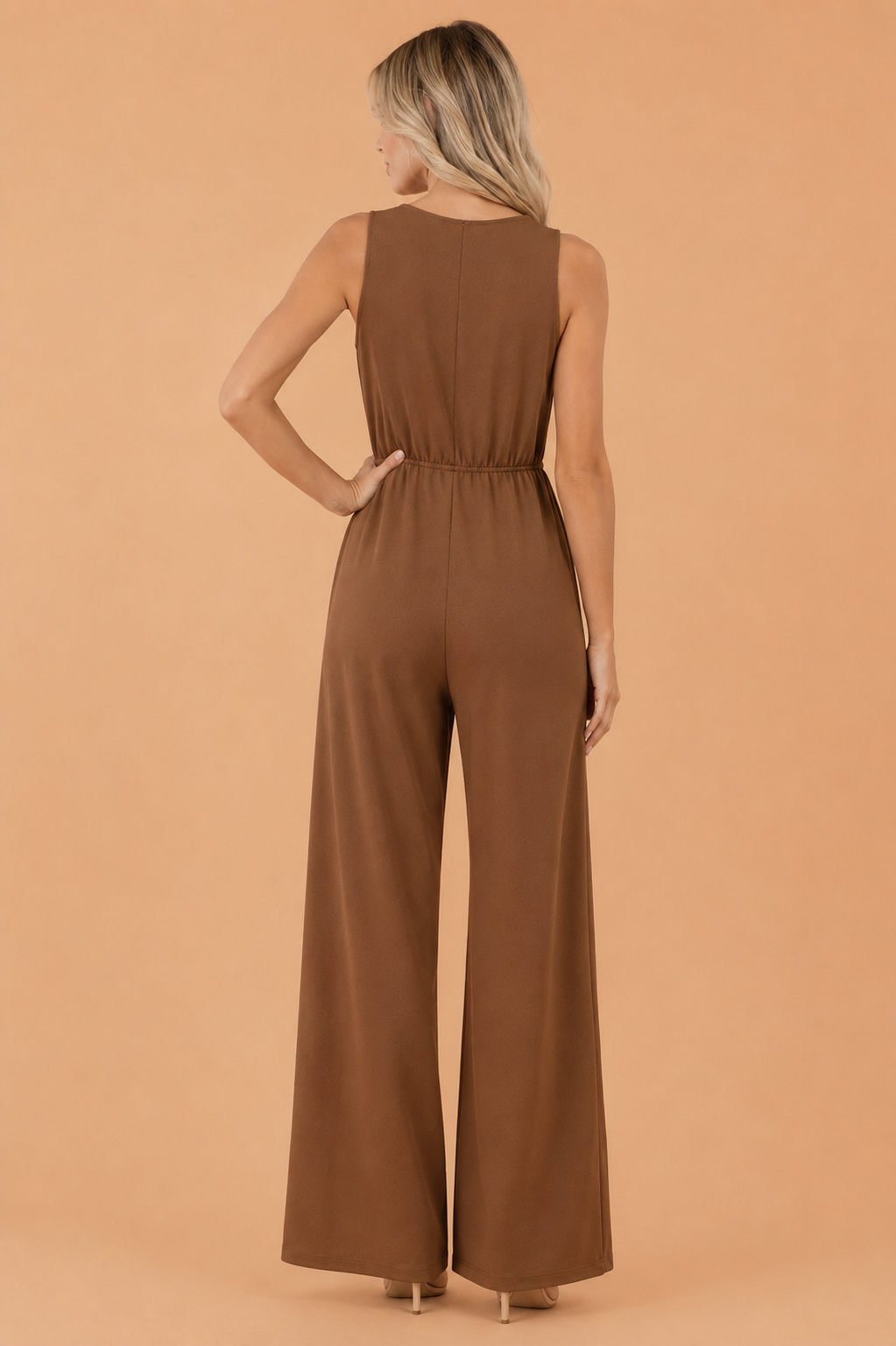 Sleeveless Loose Fit Jumpsuit with Buckle Sash in Brown